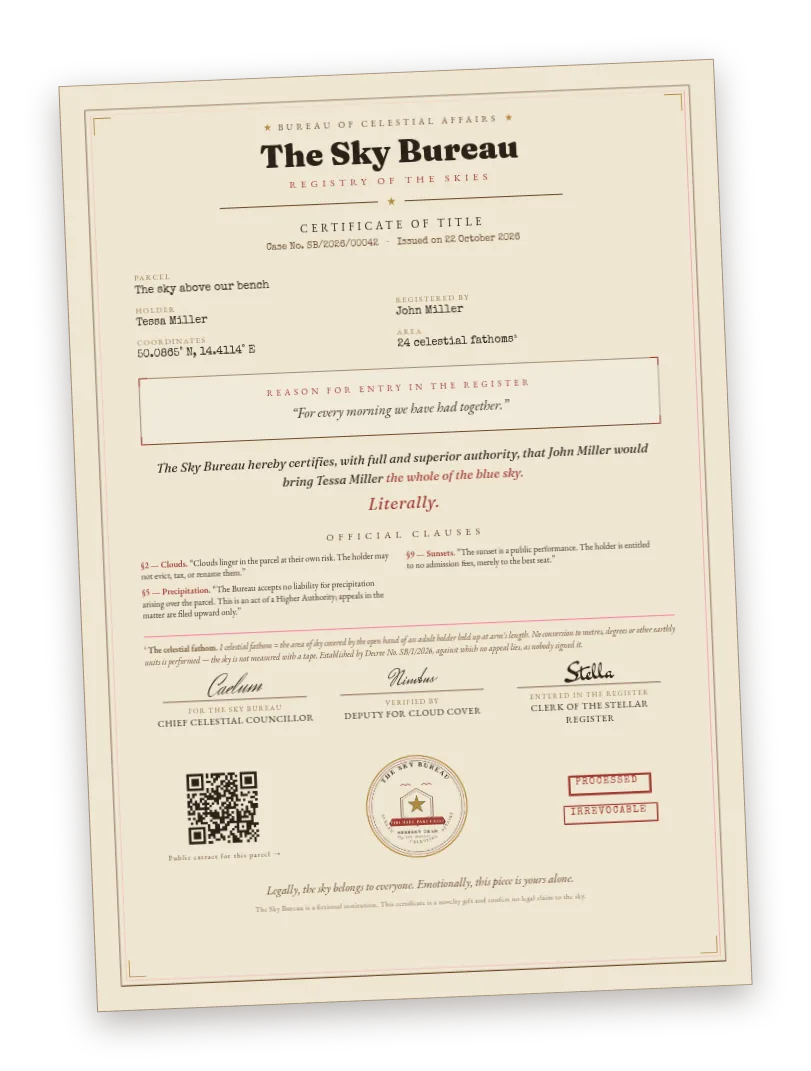 Preview of a Sky Bureau certificate of title — an official A4 sheet with seal, case number, parcel name, coordinates, dedication, official clauses, three officials' signatures and a QR code to the public register.