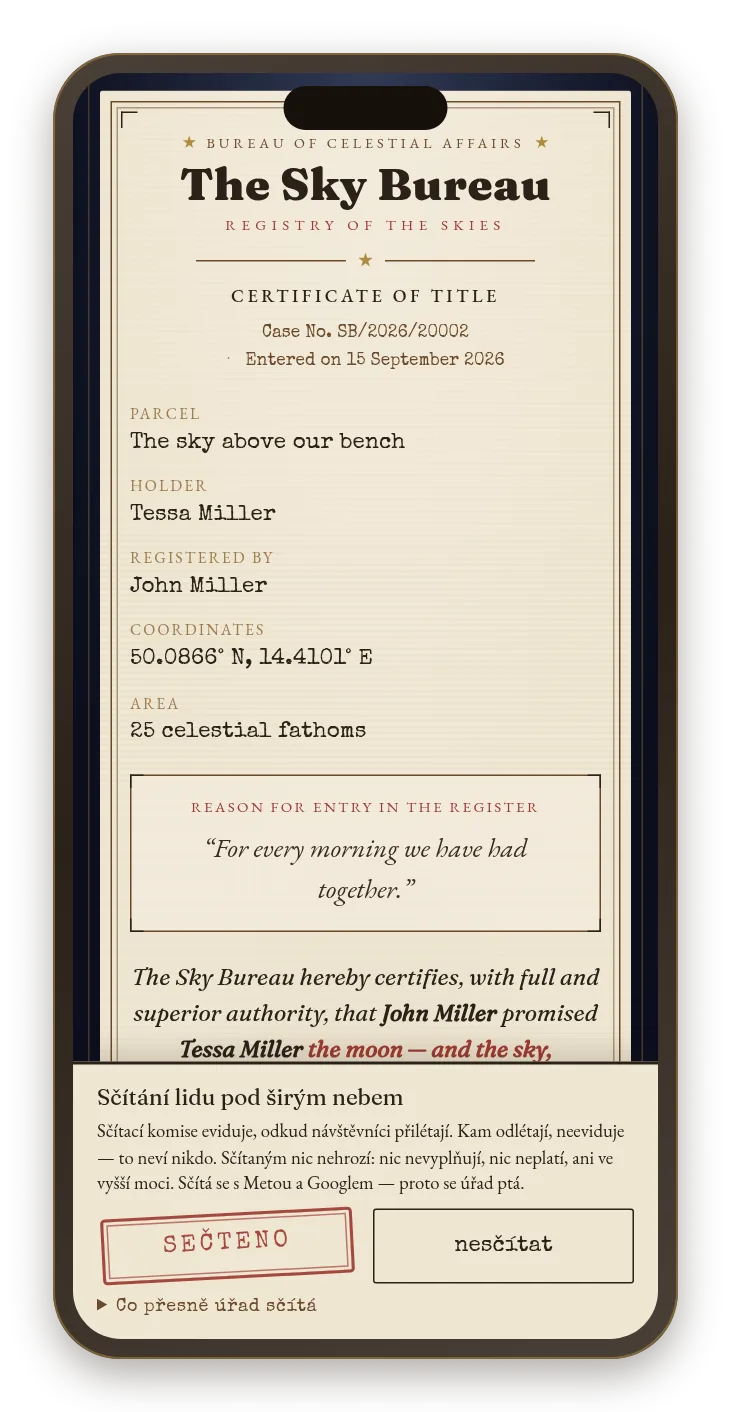 The ceremony on a phone, finale: the unrolled certificate of title bearing the name.