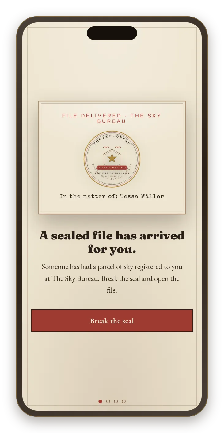 Preview of the ceremony on a mobile phone — a delivered sealed file of The Sky Bureau with its seal, the recipient's name and a Break the seal button.