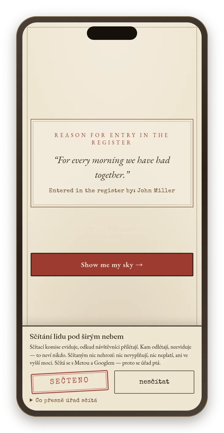 The ceremony on a phone, second act: the dedication in the box marked Reason for entry in the register.