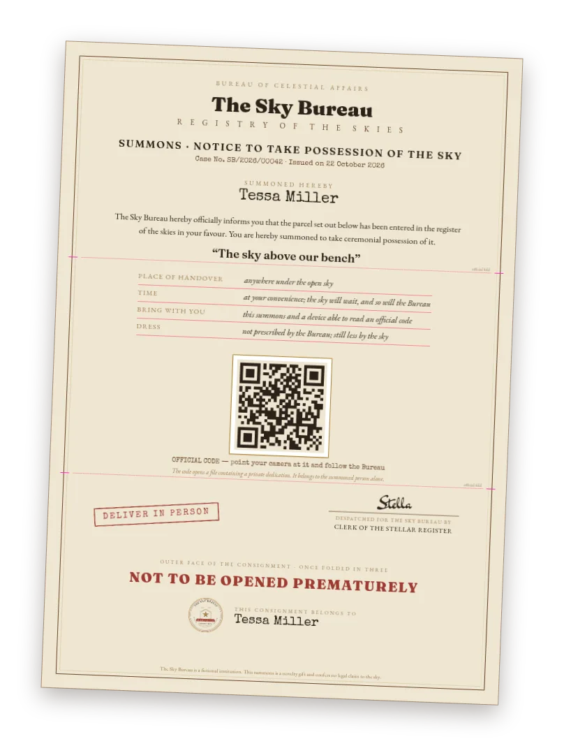 Preview of a Sky Bureau summons for handover — an official A4 summons to receive the sky bearing the summoned person's name, a table of place and time, a large official code and a HAND OVER IN PERSON stamp.